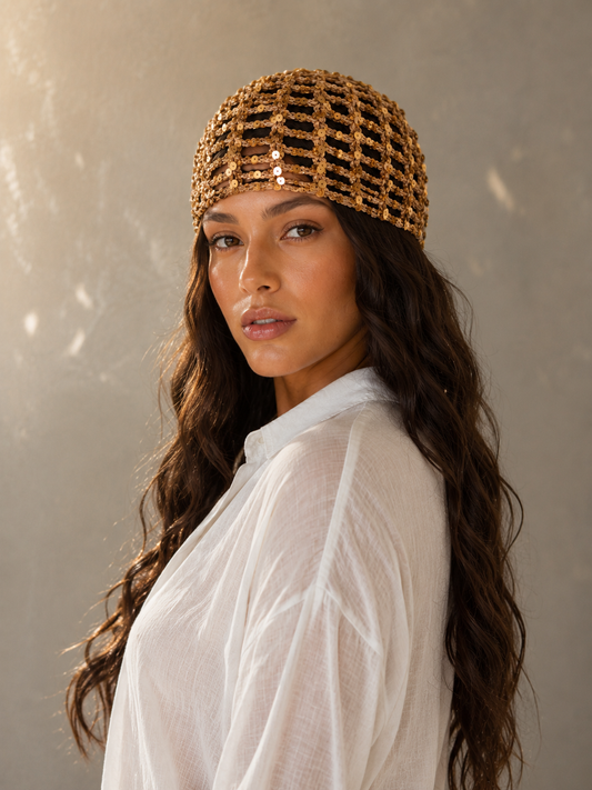 Beige Sequin Mesh Hat